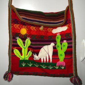 Multicolored Muralistic Desert Scene with Alpaca Fuzzy/Felt Crossbody Bag